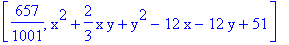 [657/1001, x^2+2/3*x*y+y^2-12*x-12*y+51]